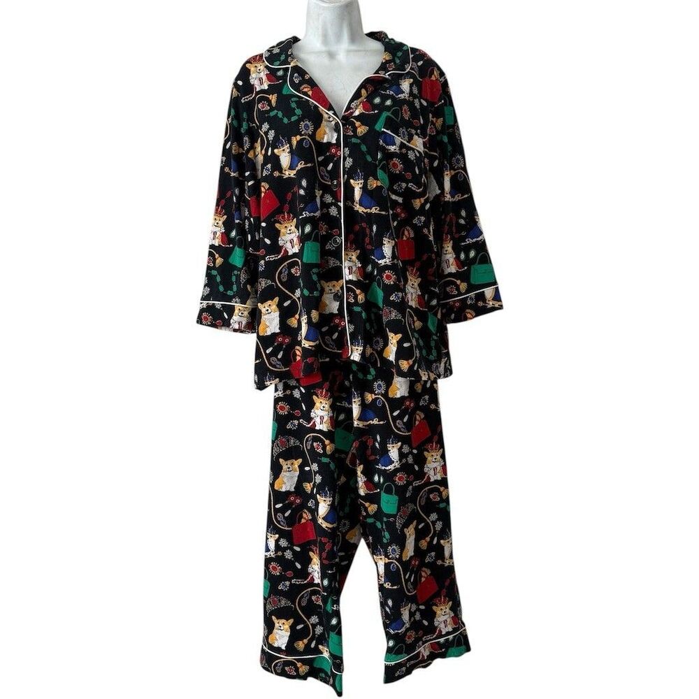 Bedhead Pjs Pajamas Set Size L Black Corgi Royalty Print 2pc Button Up
